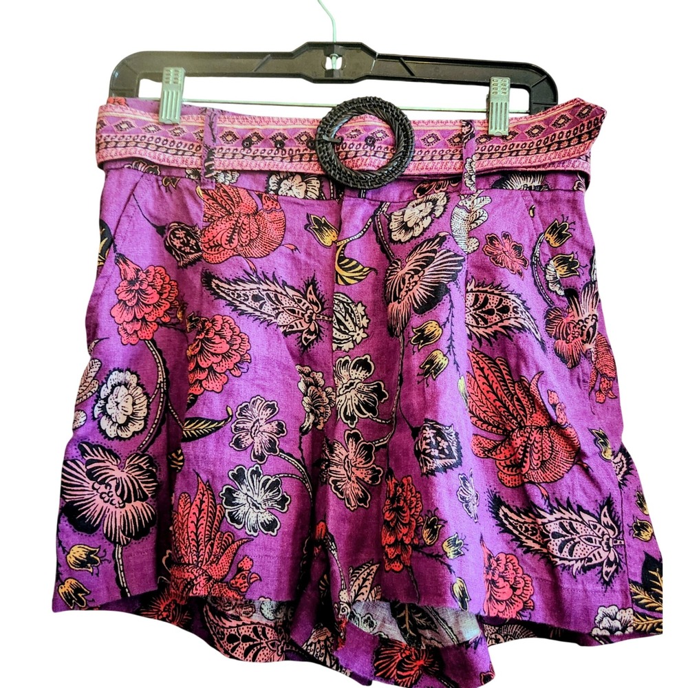 Nicole Miller Linen Shorts Women 4 Purple Floral NWOT Belted Tropic Boho Summer